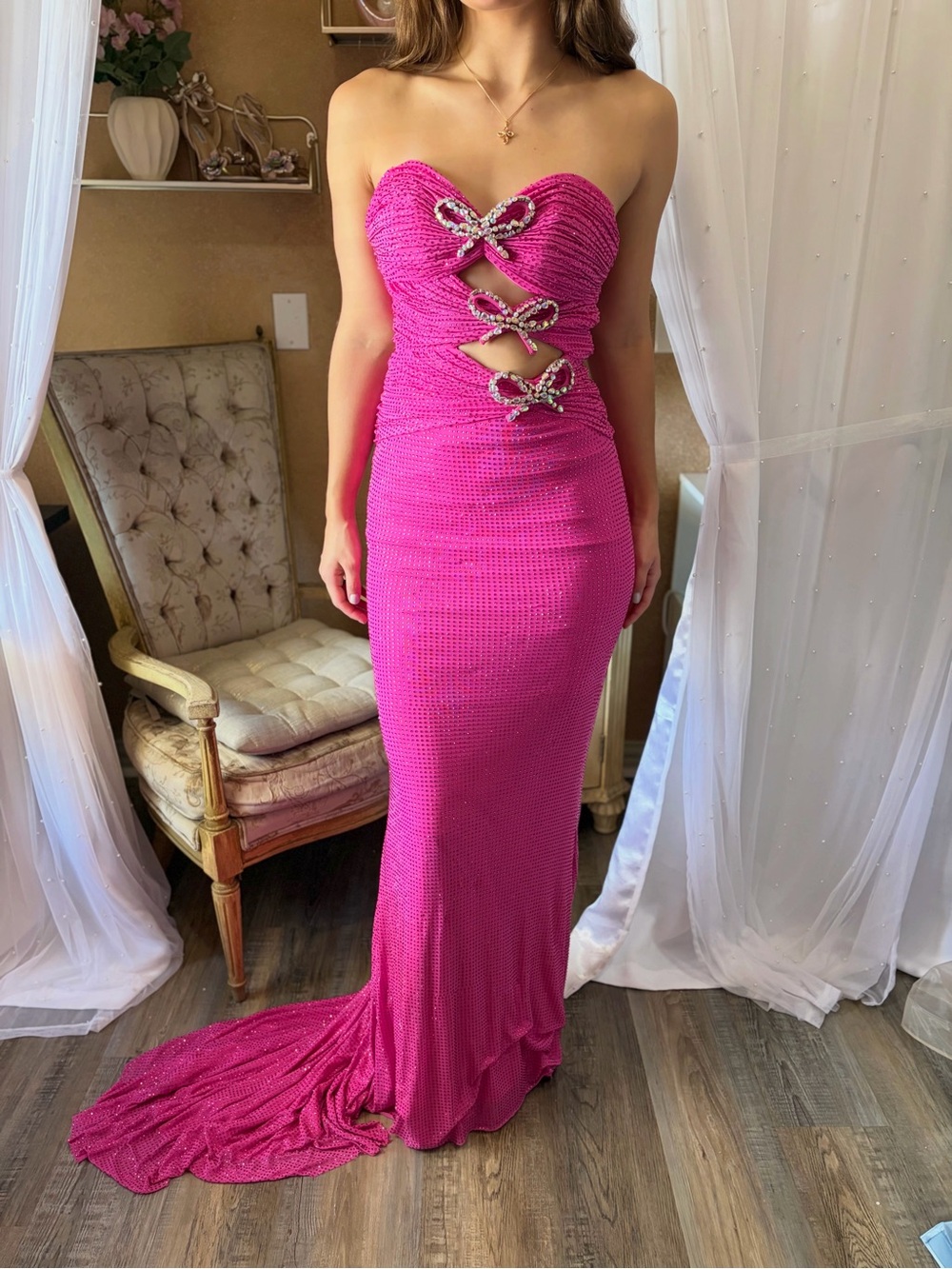 Portia & Scarlett Hot Pink Crystal Bow Cutout Prom Gown